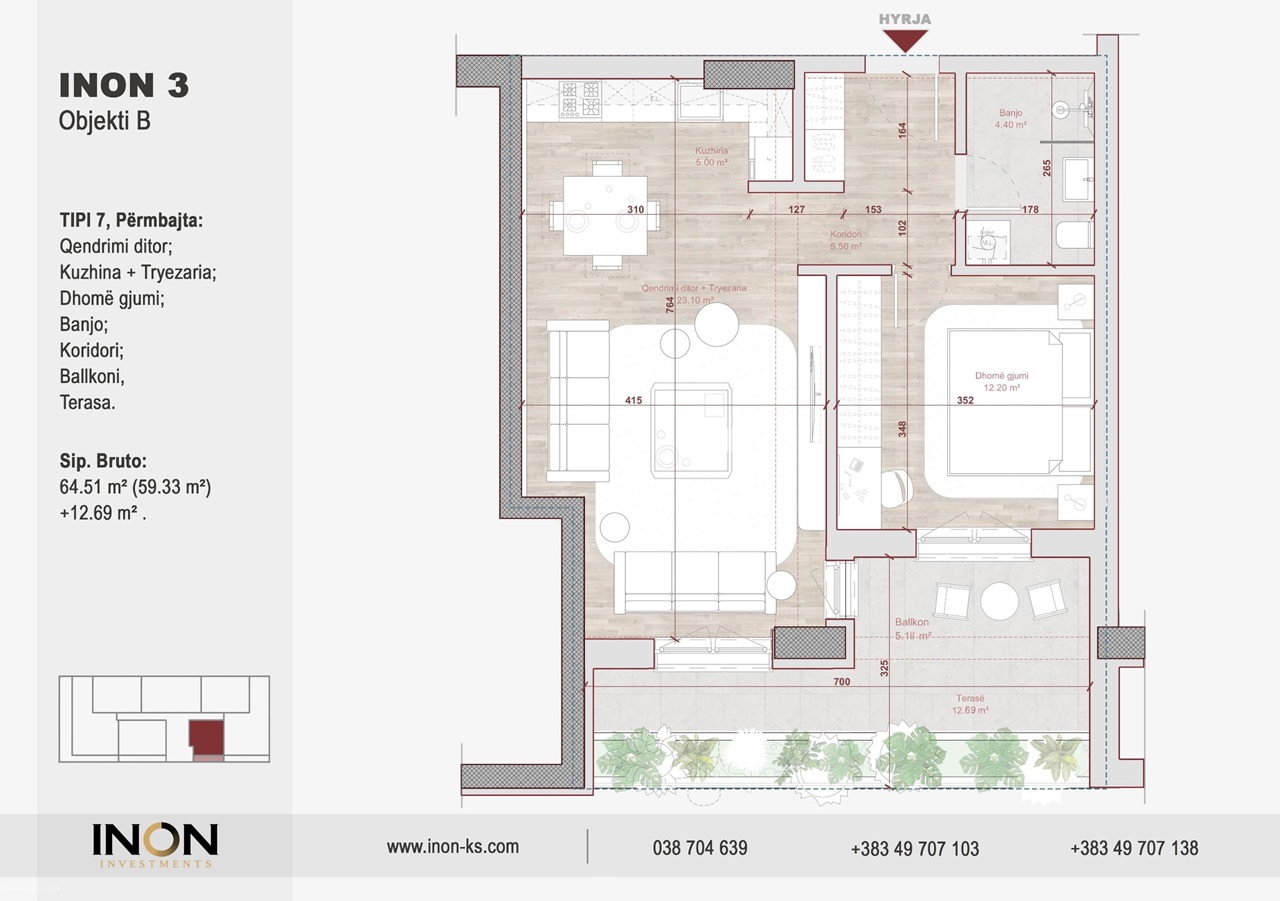 Tipi 1 — 1 Dhomë Gjumi + Terasa