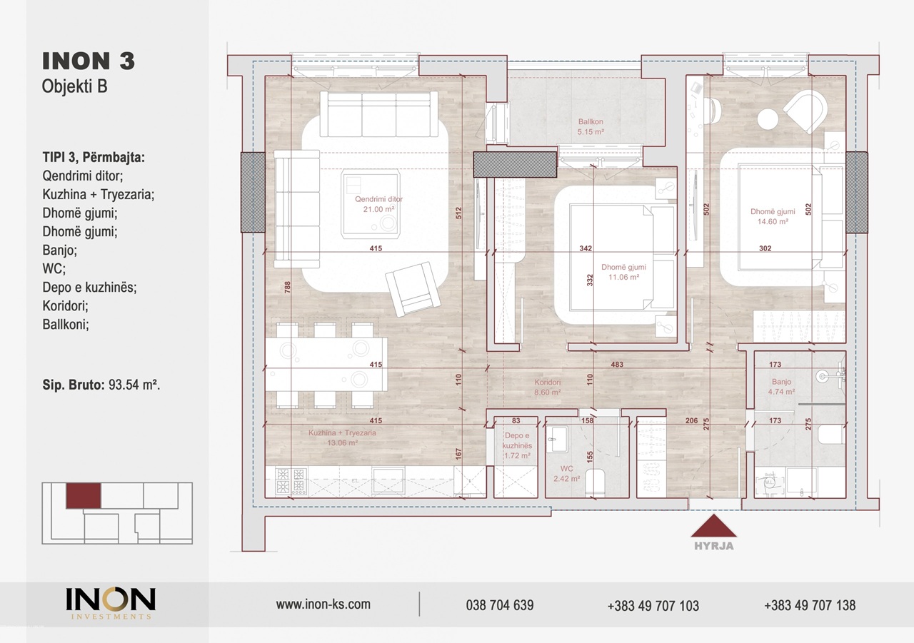 Tipi 3 — 2 Dhoma Gjumi + Ballkon